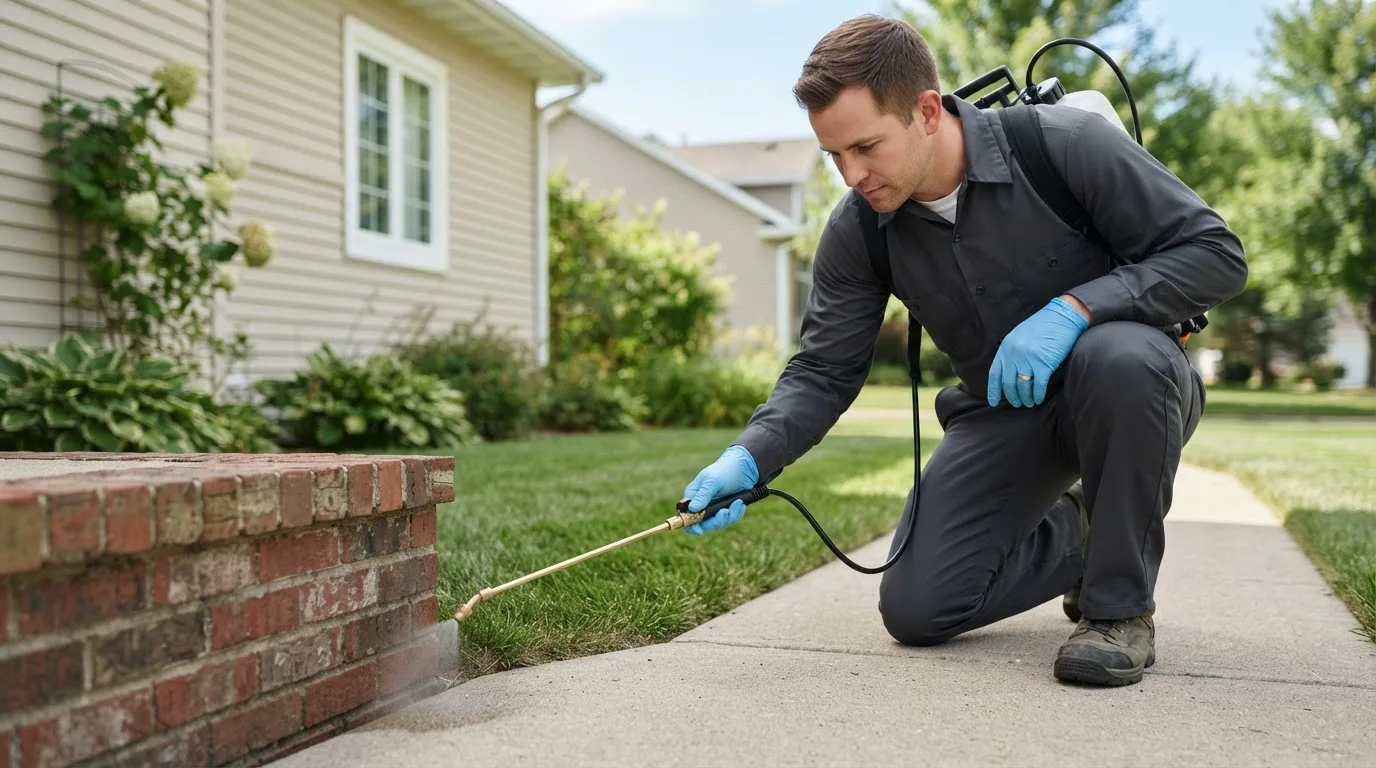 Pest control technician treating a home near Ely, IA