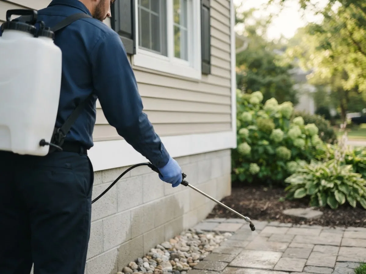 Pest control technician inspecting a home in Ely, IA